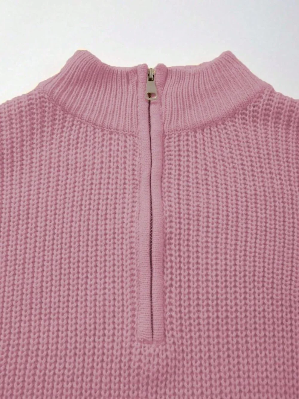 Light Pink Casual Womens Ribbed Loose Stand Collar Half-Placket Pullover Sweater